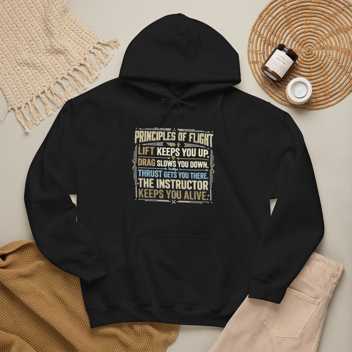 Pilot Instructor Hoodie — "Principles of Flight" Aviation Quote Hooded Sweatshirt