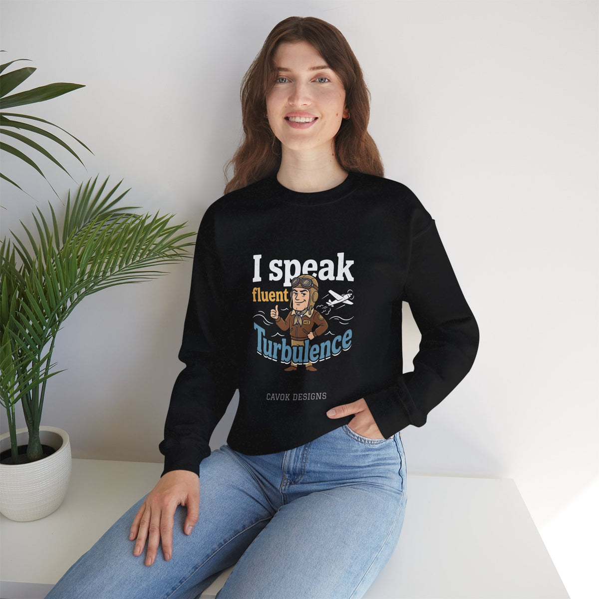 Aviation Crewneck Sweatshirt – "Fluent Turbulence" Vintage Pilot Graphic