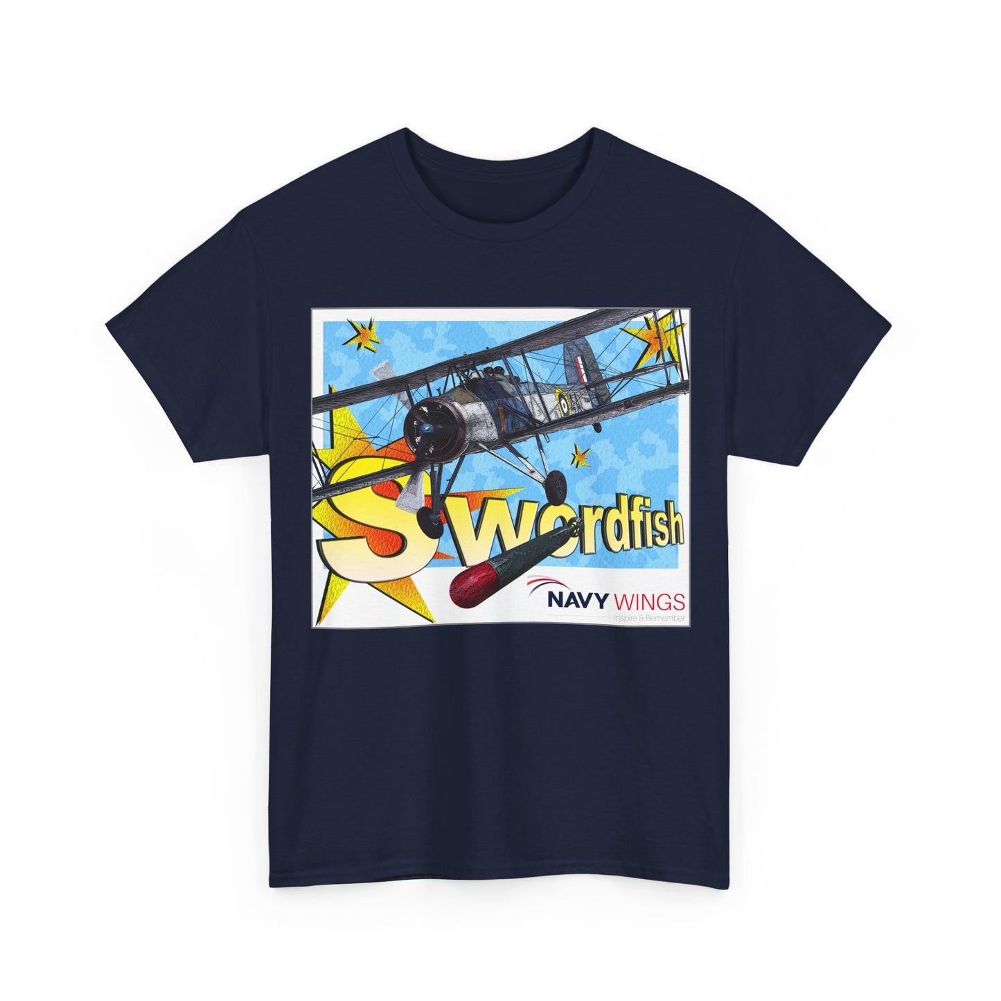 Swordfish Navy Wings T‑Shirt — Vintage Biplane Aviation Graphic Tee