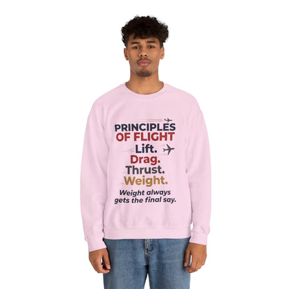 Crewneck Sweatshirt — "Principles of Flight: Lift. Drag. Thrust. Weight." Aviation Pilot Shirt