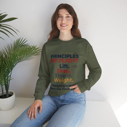 Crewneck Sweatshirt — "Principles of Flight: Lift. Drag. Thrust. Weight." Aviation Pilot Shirt
