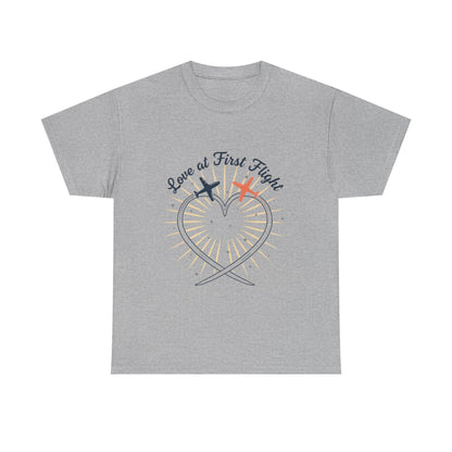 Love at First Flight T‑Shirt — Romantic Airplane Heart Valentine Tee