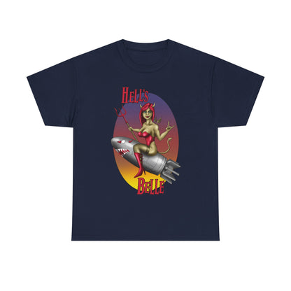 Hell's Belle Nose Art Pinup Tee - Retro Devil Girl Riding Rocket Graphic T-Shirt