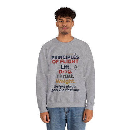Crewneck Sweatshirt — "Principles of Flight: Lift. Drag. Thrust. Weight." Aviation Pilot Shirt