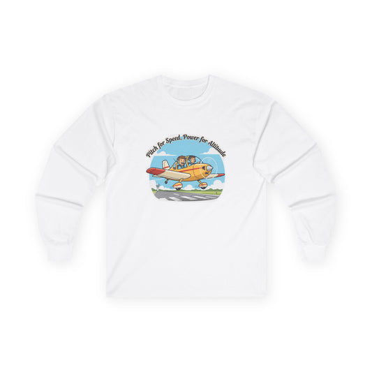 Vintage Airplane Long Sleeve Tee — "Pitch for Speed, Power for Altitude" Pilot Shirt