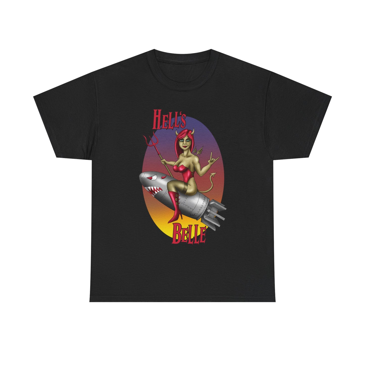 Hell's Belle Nose Art Pinup Tee - Retro Devil Girl Riding Rocket Graphic T-Shirt