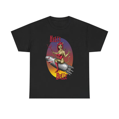 Hell's Belle Nose Art Pinup Tee - Retro Devil Girl Riding Rocket Graphic T-Shirt