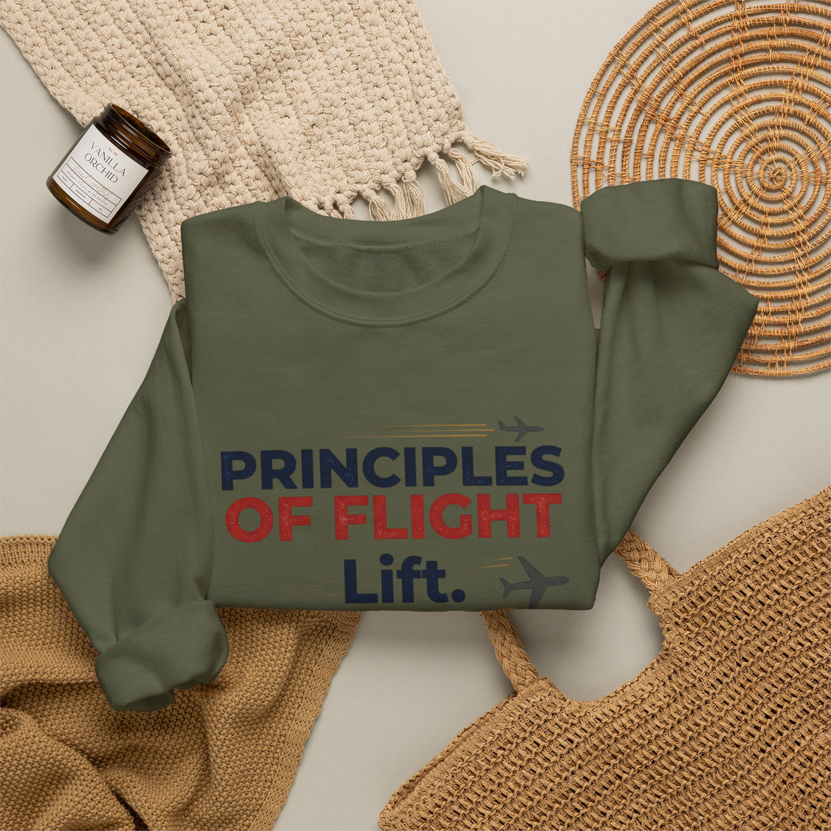 Crewneck Sweatshirt — "Principles of Flight: Lift. Drag. Thrust. Weight." Aviation Pilot Shirt