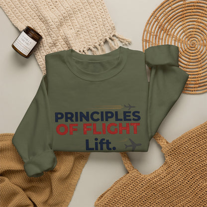 Crewneck Sweatshirt — "Principles of Flight: Lift. Drag. Thrust. Weight." Aviation Pilot Shirt