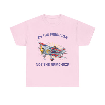 Aviation Vintage Biplane T-Shirt – "In the Fresh Air Not the Armchair" Retro Pilot Tee
