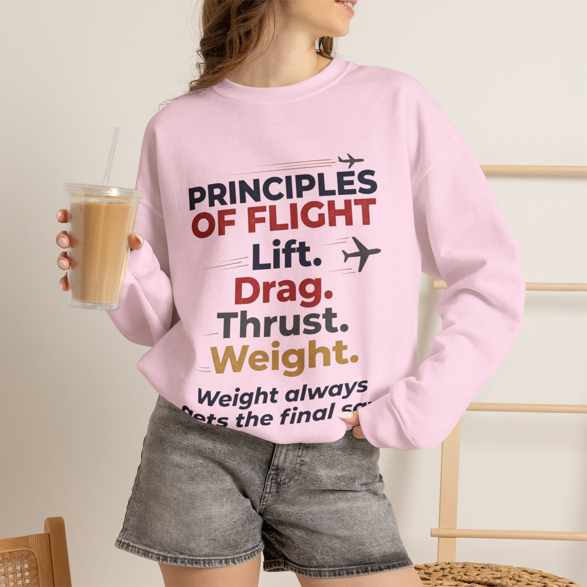 Crewneck Sweatshirt — "Principles of Flight: Lift. Drag. Thrust. Weight." Aviation Pilot Shirt