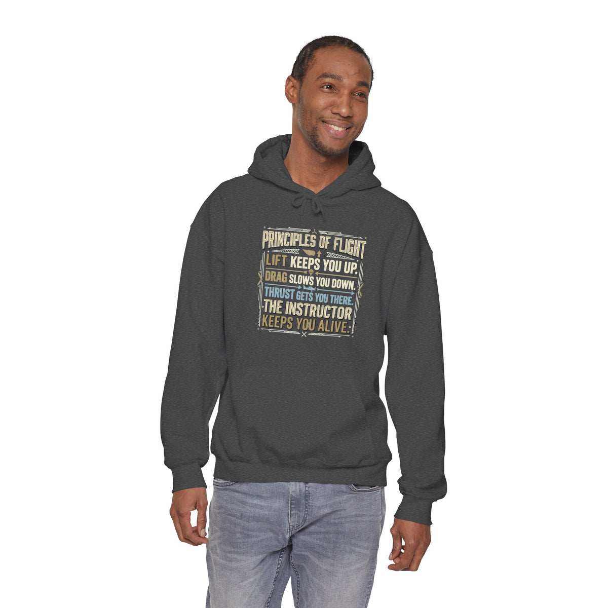 Pilot Instructor Hoodie — "Principles of Flight" Aviation Quote Hooded Sweatshirt