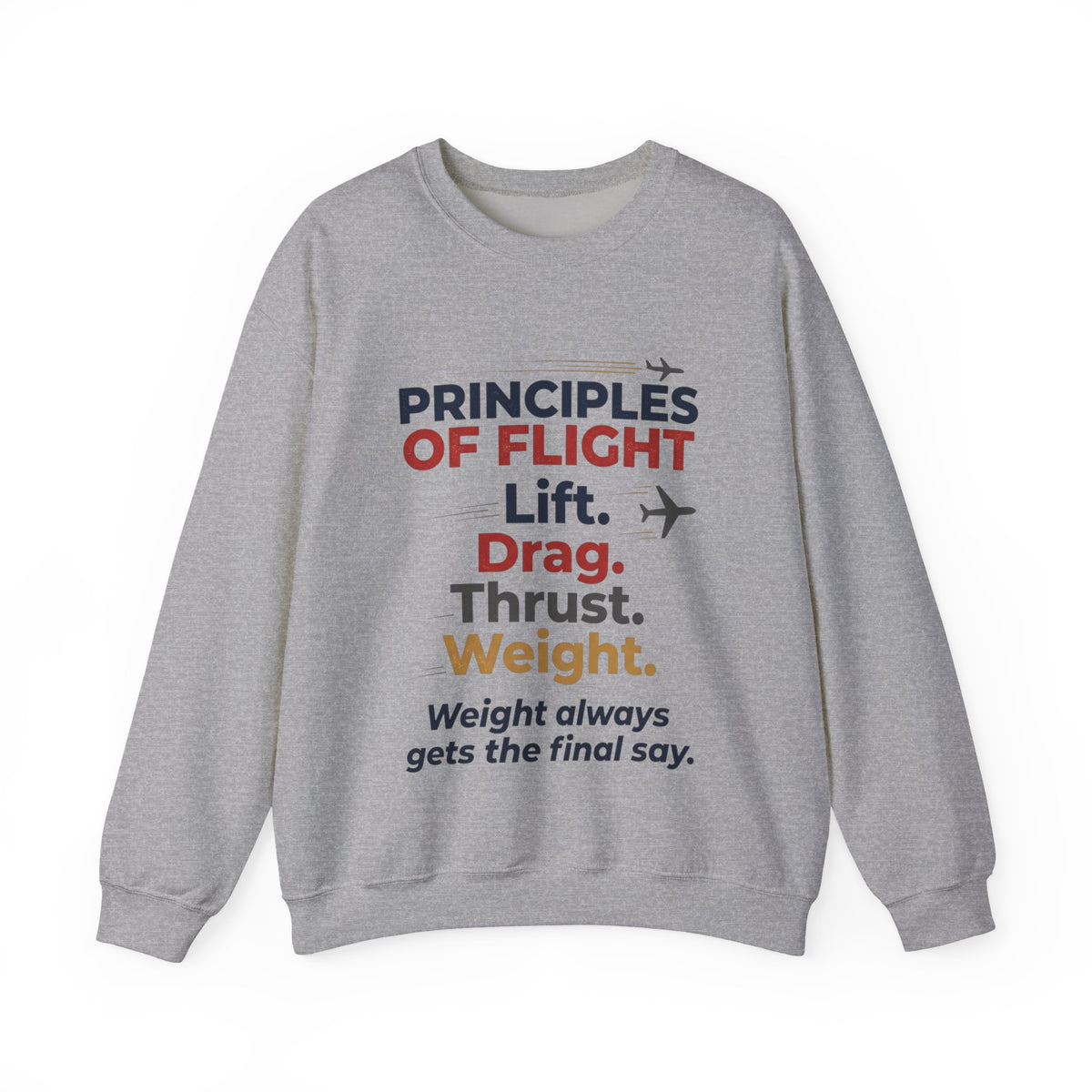 Crewneck Sweatshirt — "Principles of Flight: Lift. Drag. Thrust. Weight." Aviation Pilot Shirt