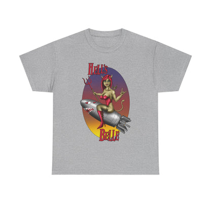 Hell's Belle Nose Art Pinup Tee - Retro Devil Girl Riding Rocket Graphic T-Shirt
