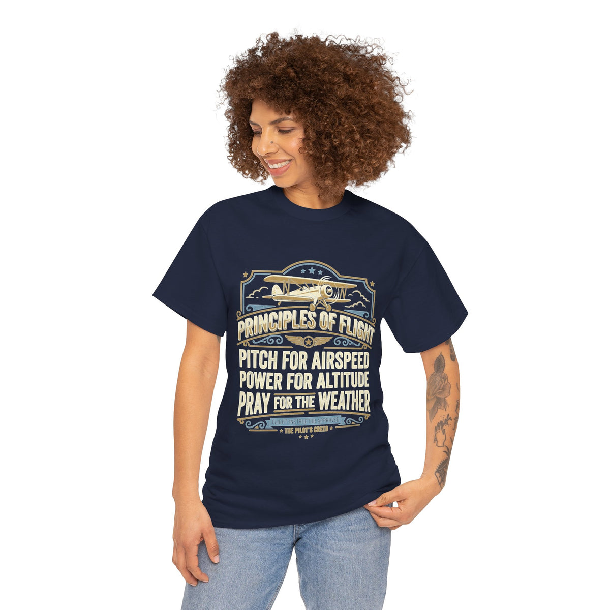 Aviator Principles T‑Shirt — "Principles of Flight: Pitch for Airspeed, Power for Altitude, Pray for the Weather"