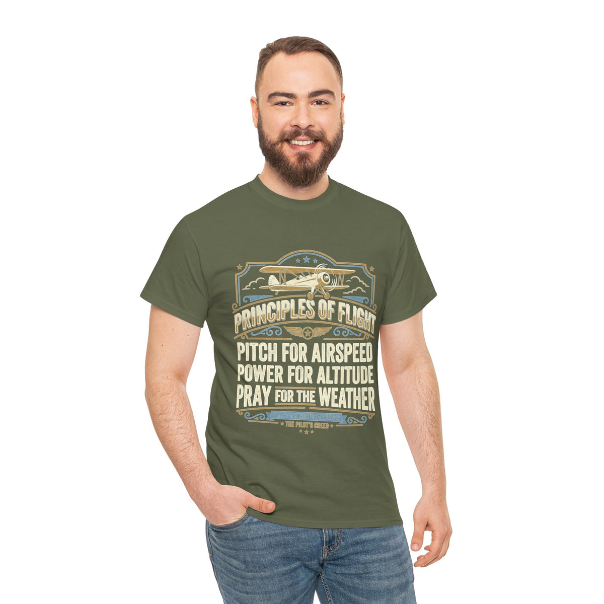 Aviator Principles T‑Shirt — "Principles of Flight: Pitch for Airspeed, Power for Altitude, Pray for the Weather"