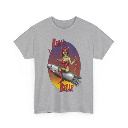 Hell's Belle Nose Art Pinup Tee - Retro Devil Girl Riding Rocket Graphic T-Shirt