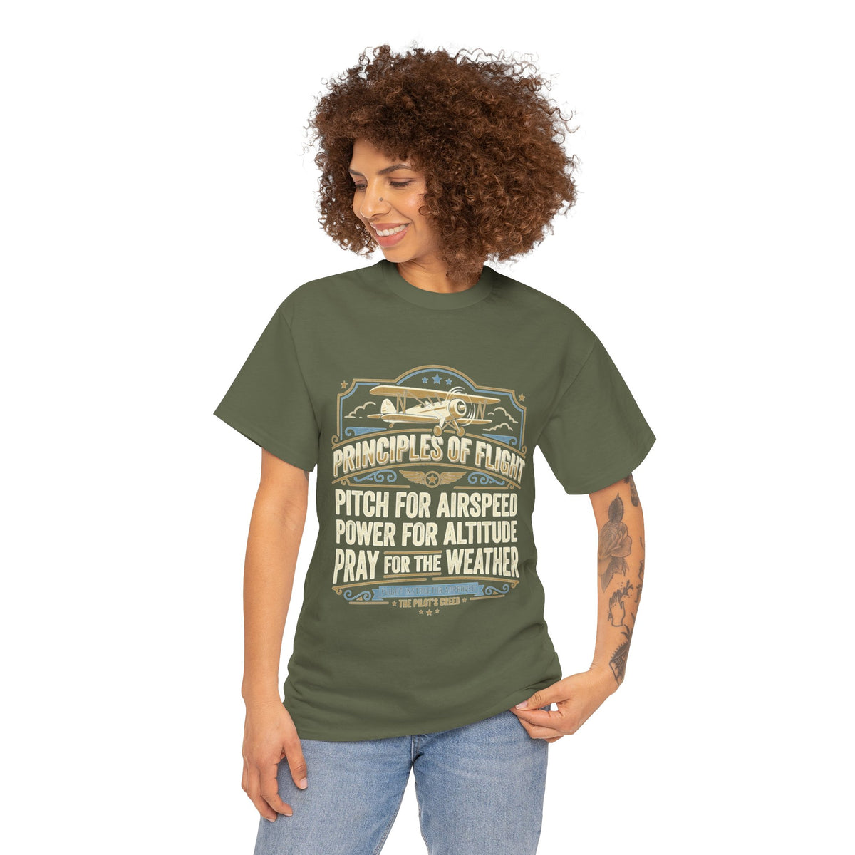 Aviator Principles T‑Shirt — "Principles of Flight: Pitch for Airspeed, Power for Altitude, Pray for the Weather"