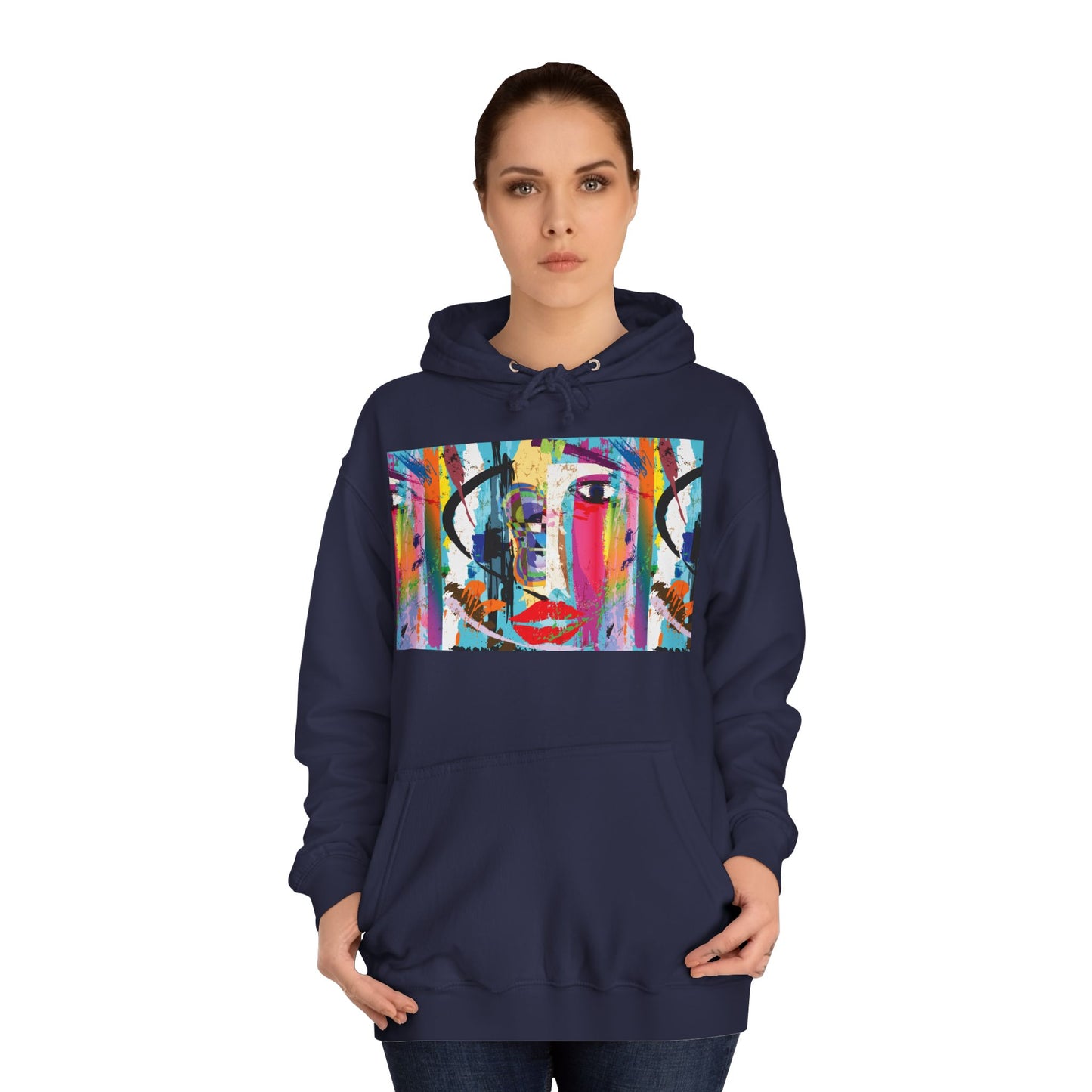 Abstract Colorful Face Hoodie — Vibrant Pop Art Graphic Pullover