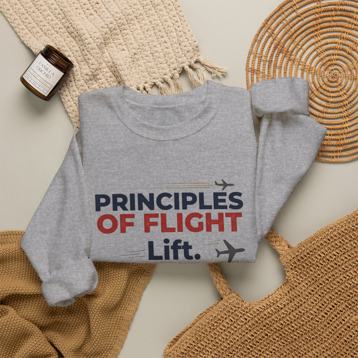 Crewneck Sweatshirt — "Principles of Flight: Lift. Drag. Thrust. Weight." Aviation Pilot Shirt