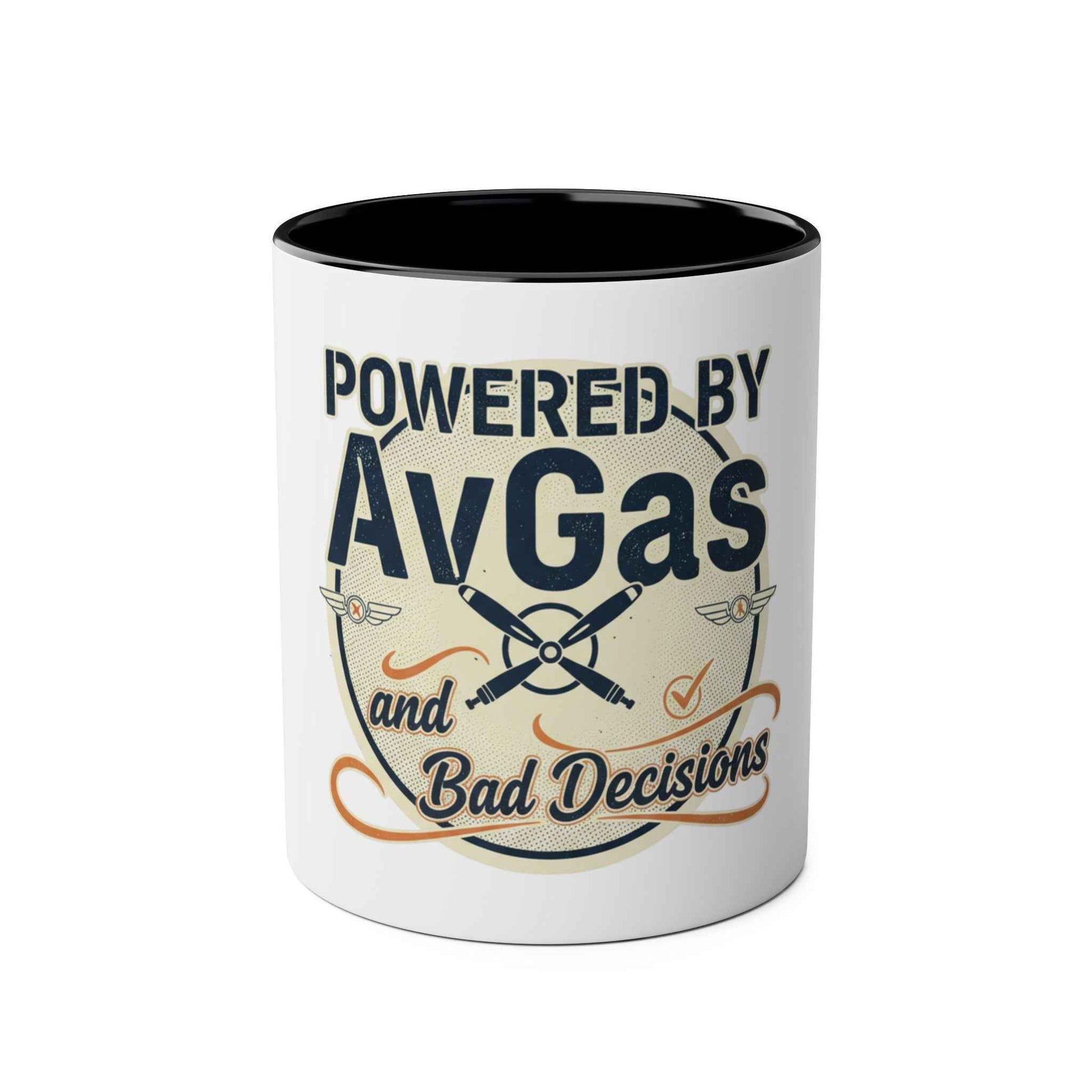Aviator Coffee Mug — "Powered by AvGas and Bad Decisions" 11oz Two-Tone