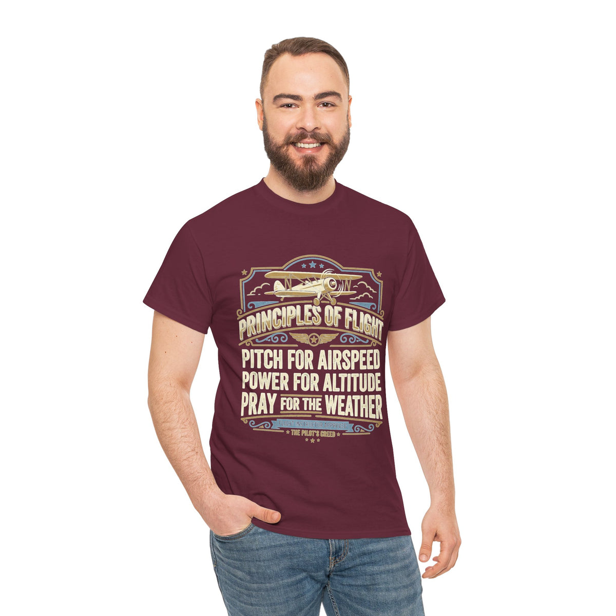 Aviator Principles T‑Shirt — "Principles of Flight: Pitch for Airspeed, Power for Altitude, Pray for the Weather"