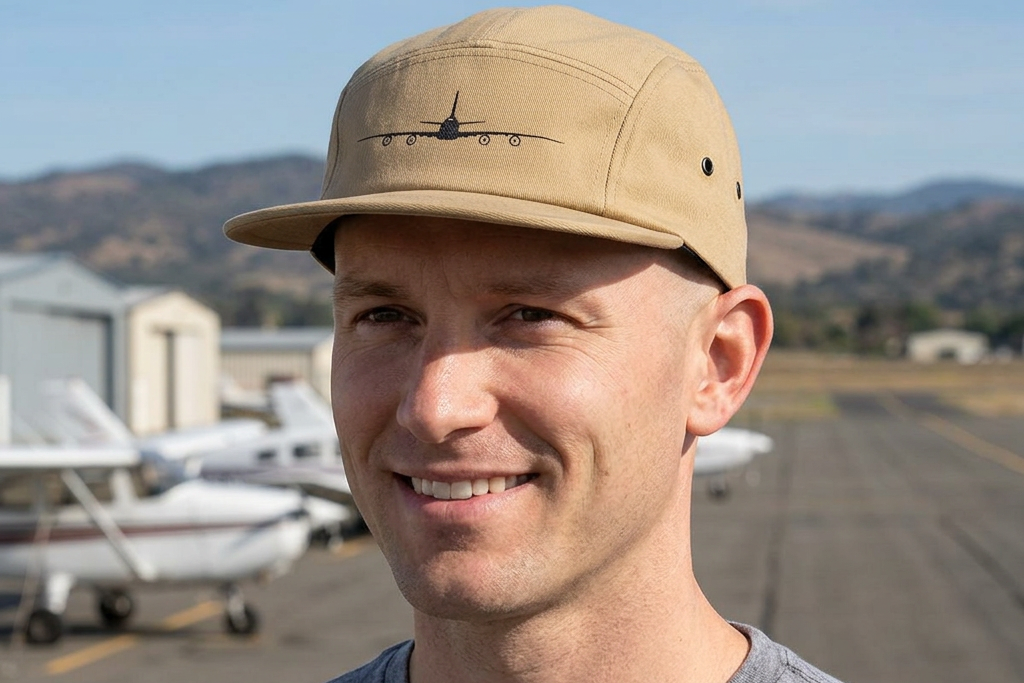 Man wearing a tan cap with an airplane design at an airport.