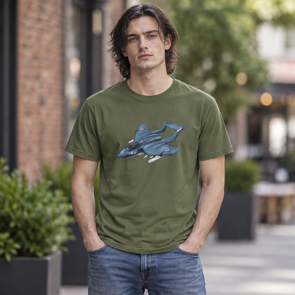 Wearing a Military style T-Shirt with a Sea Vixen Aircraft Design